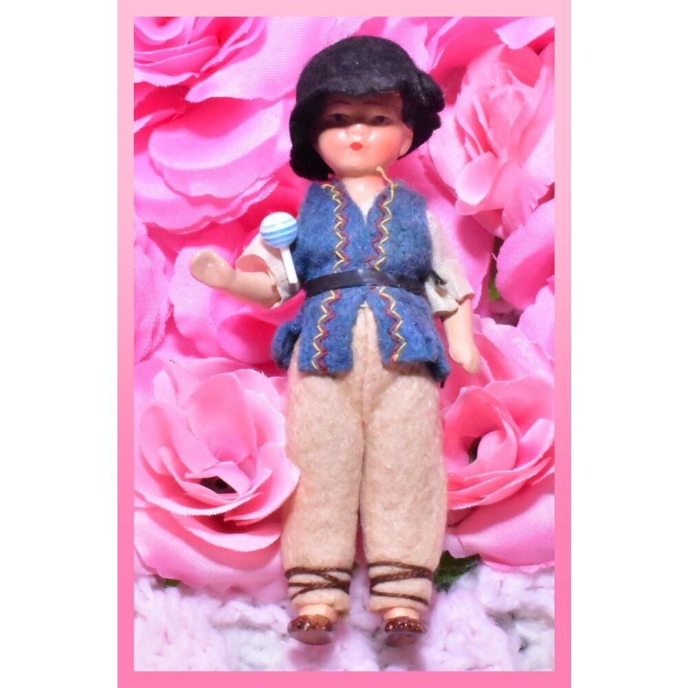 4” Hertwig German Miniature Doll Painted Bisque Antique Boy Felt Polish Poland